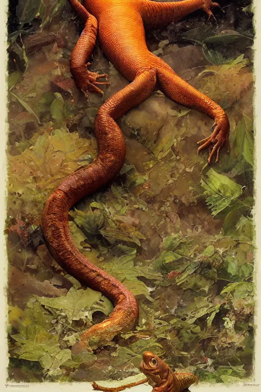 Image similar to full body portrait of huge slimy bipedal salamander, by norman rockwell, jack kirby, jon berkey, earle bergey, craig mullins, ruan jia, jeremy mann, tom lovell, marvel, astounding stories, 5 0 s pulp illustration, scifi, fantasy, artstation creature concept