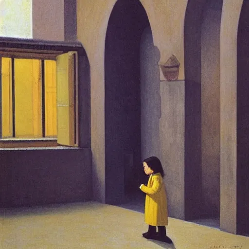 Image similar to a distant little girl with short black hair and wearing a yellow coat alone in the inner courtyard of an abbey, the light is bright and wintry, painting by hopper and de chirico