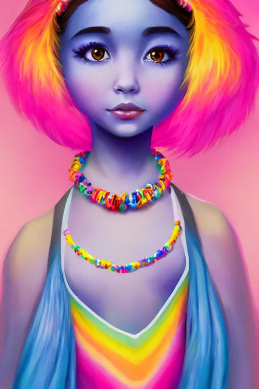 Image similar to matte sharp painting cute little girl hippy denim bellbottom bead necklace, painted by mark rydel artstation behance storybook lisa frank