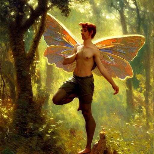 Image similar to attractive male fairy with wings in the forest, posing. highly detailed painting by gaston bussiere, craig mullins, j. c. leyendecker, 8 k