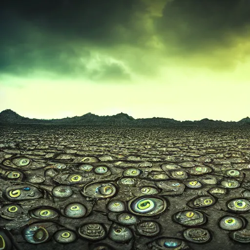 Prompt: a thousand creepy eyeballs peeking through a sea of mud, epic landscape, bright light, cinematic, 4 k, 8 k