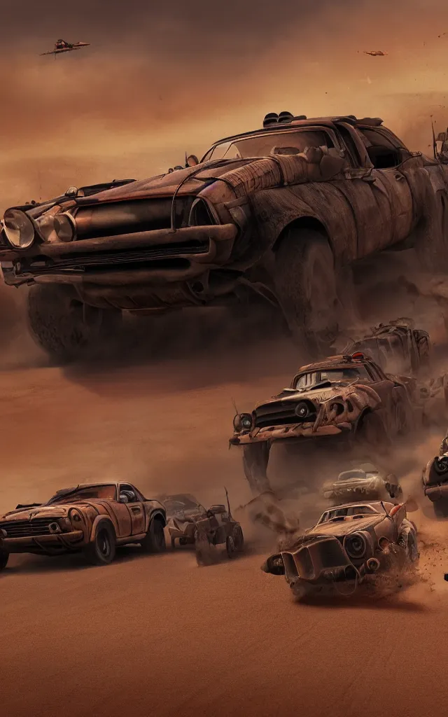 Image similar to pixar cars racing fast in the world of mad max fury road. 8 k hdr. trending on artstation