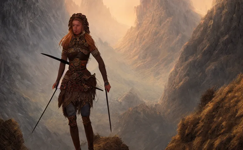 Prompt: highly detailed digital illustration of a warrior princess, high in mountains, cinematic lighting, photobash, raytracing, dark volumetric lighting, william morris
