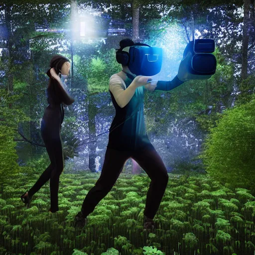 Image similar to duo playing music using futuristic VR headset instruments in a forest, in the style of artgerm, Ryoji Ikeda, Riyoko Ikeda, 3d render, artstation trending, 8k, photorealistic, sharp detail