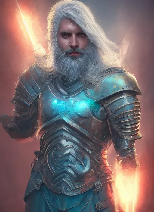 Image similar to an epic fantastic realism comic book style portrait painting of an aasimar paladin, male, silver hair, short brown beard, glowing eyes, d & d concept art, regal, unreal 5, daz, teal aesthetic, octane render, cosplay, rpg portrait, dynamic lighting