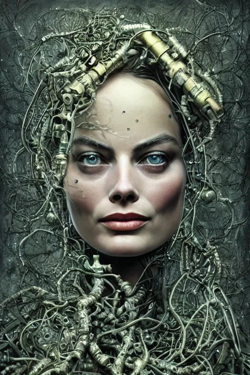 Prompt: a beautiful ultradetailed vintage photo of margot robbie as a cybernetic cyborg, by tom bagshaw and natalie shau, portrait, vignette, 3 5 mm lens, golden ratio composition, detailed faces, studio photography, very detailed, robot overgrown with flowery vines, artstation, 8 k, highly coherent