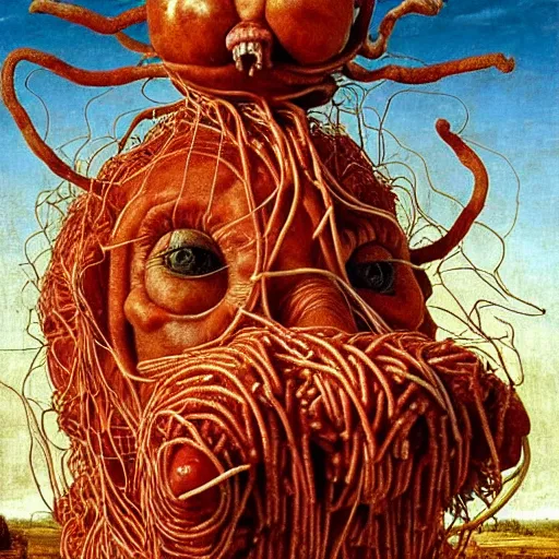 Prompt: a boy made of spaghetti and tomato sauce riding on a giant rhino, looking straight into camera, screaming in pain, by giuseppe arcimboldo and ambrosius benson, renaissance, fruit, intricate and intense oil paint, a touch of beksinski and hr giger and edward munch, realistic