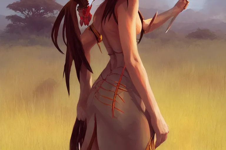 Prompt: half orc half elf woman, beautiful face and small orc tusks, amber mage dress, standing in the savannah, by ilya kuvshinov, krenz cushart, Greg Rutkowski, trending on pixiv