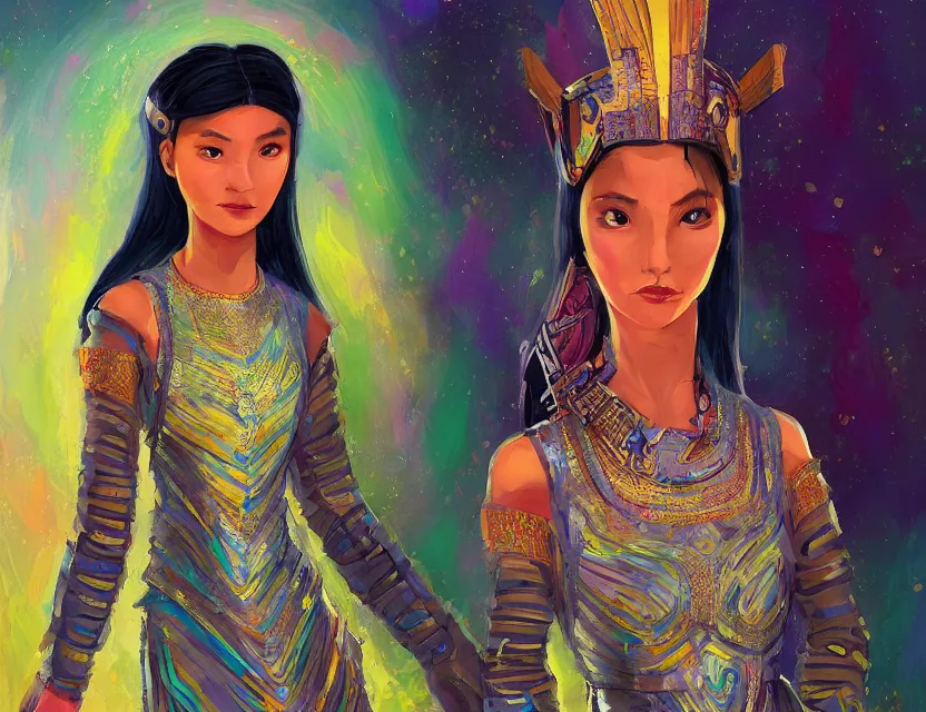 Prompt: central asian scifi princess of the steppe, wearing a lovely dress with cyberpunk details. this oil painting by the beloved children's book author has an interesting color scheme and impeccable lighting.