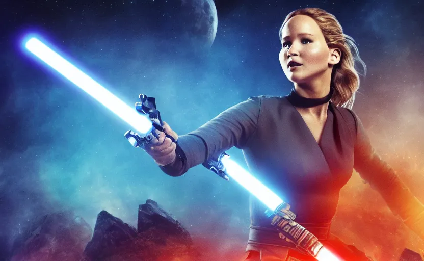 Image similar to jennifer lawrence as a jedi holding up a blue lightsaber, very dark background, official new star wars episode xi movie poster from lucas arts, perfect symmetrical face, full moon, moody lighting, 8 k, shallow depth of field, intricate detail,