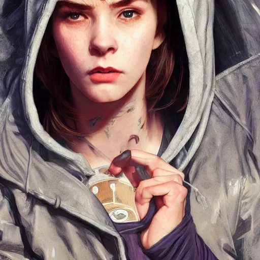 Prompt: character portrait of a 1950s teenage girl in a hoodie, dystopian cyberpunk steampunk mood, intricate, wild, highly detailed, digital painting, artstation, upper body, concept art, smooth, sharp focus, illustration, art by artgerm and greg rutkowski and alphonse mucha