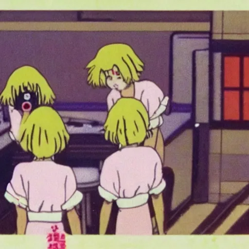 Prompt: screenshot from guro anime, 8 0's horror anime, yellowed grainy vhs footage with noise, schoolgirls trapped in a bathroom, girls are in beige sailor school uniforms, one girl has white hair, detailed expressive faces, various hair colors and styles, various ages, in the style of studio ghibli,