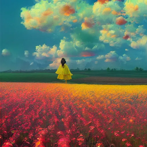 Image similar to woman with big flower face, standing in flower field, surreal photography, sunrise dramatic light, impressionistic painting, colorful clouds, artstation, dali, simon stalenhag