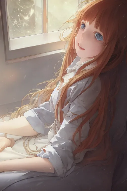 Image similar to a teenage girl in a jk uniform outfit in the bedroom reading a book in a night, raining outside the window, grey and orange theme ， wavy white long hair, by krenz cushart and mucha and akihito yoshida and greg rutkowski, detailed eyes, 4 k resolution