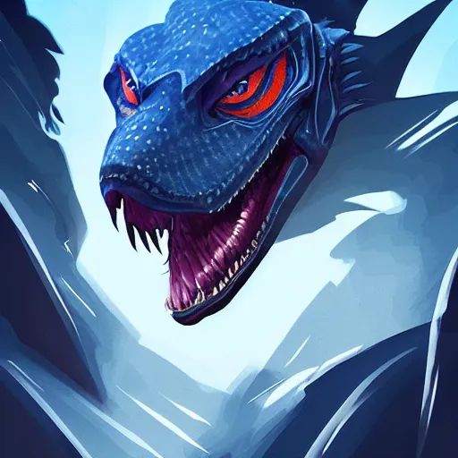 Image similar to portrait of an antropomorphic raptor knight, reptile face, dark blue scales, angry look, ready for battle, mattepainting concept blizzard pixar maya engine on cold night stylized background splash comics global illumination lighting artstation lois van baarle, ilya kuvshinov, rossdraws