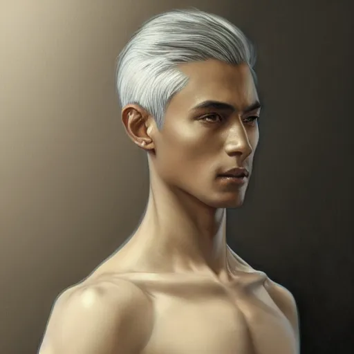 Image similar to ultra realistic illustration, young man with dark gray skin, short white hair, intricate, with dark clothes, elegant, highly detailed, digital painting, artstation, concept art, smooth, sharp focus, illustration, art by artgerm and greg rutkowski and alphonse mucha