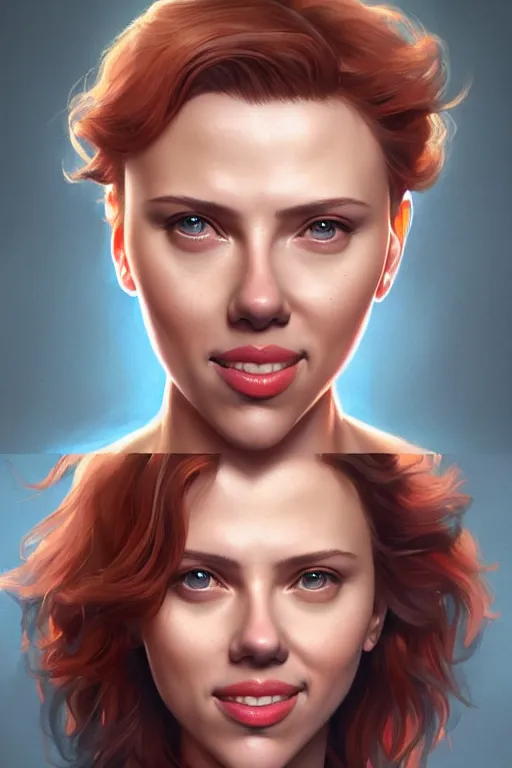 Image similar to Scarlett Johansson smiling anatomy, only two hands, highly detailed, digital painting, artstation, concept art, smooth, sharp focus, illustration, Unreal Engine 5, 8K, art by art by artgerm and greg rutkowski and edgar maxence