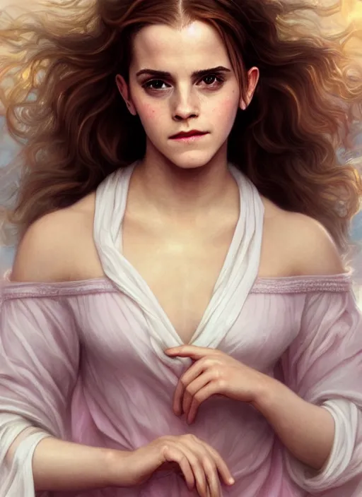 Image similar to emma watson as nature magic celestial, long hair, soft pink and white cloth, transparent cloth, space, D&D, shiny background, intricate, elegant, highly detailed, digital painting, artstation, concept art, smooth, sharp focus, illustration, artgerm, bouguereau