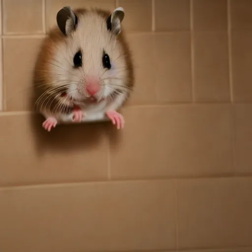 Image similar to hamster in the dark bathroom without lights, mood, creepy, realistic photography, high quality image, hyper detailed