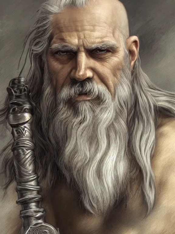 Image similar to painted portrait of rugged odin, god of war, old viking, norse god, white hair, masculine, mature, handsome, upper body, grey and silver, muscular, hairy torso, fantasy, intricate, muscular, elegant, highly detailed, digital painting, artstation, concept art, smooth, sharp focus, illustration, art by gaston bussiere and alphonse mucha