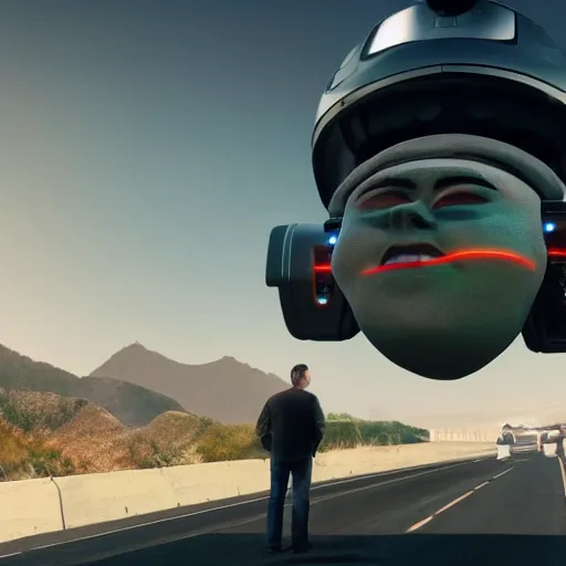 Image similar to Giant head of David Copperfield, dark hair, heavy eyebrows, on a robotic car with wheels running on a californian highway, rays of light, particles light, kuvshinov ilya, unreal engine