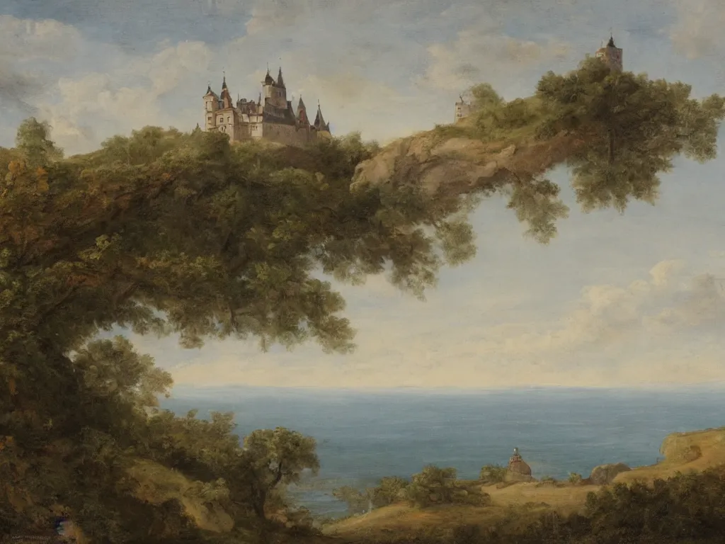 Image similar to a landscape painting of a german castle on the cliff