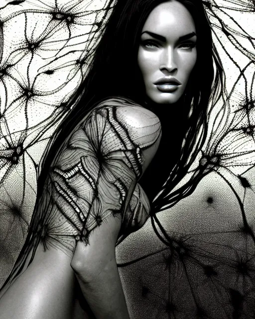 Image similar to surreal mythical dreamy artistic black and white fine art photo of megan fox - medus - cyborg covered with lace fish scales and translucent algae, highly detailed, intricate crystal ivy lace jelly fish scales ornate, poetic, octane render, 8 k, photo - realistic