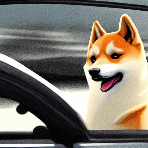 Prompt: anthro shiba inu driving a car, digital art