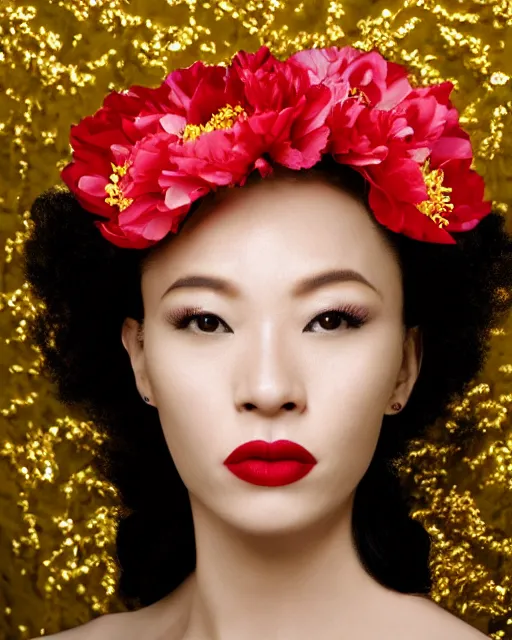 Prompt: Portrait of a European woman, black, close-up, high sharpness, zeiss lens, fashion photo shoot, peony flowers, red hair, red lipstick, in the background of gold, they have rhinestones on their face, Edward Buba, Annie Leibovitz and Steve McCurry, Leslie Zhang, David Lazar, Jimmy Nelsson, Eiko Hosoe, Zhong Lin, artistic, hyperrealistic, beautiful face, octane rendering