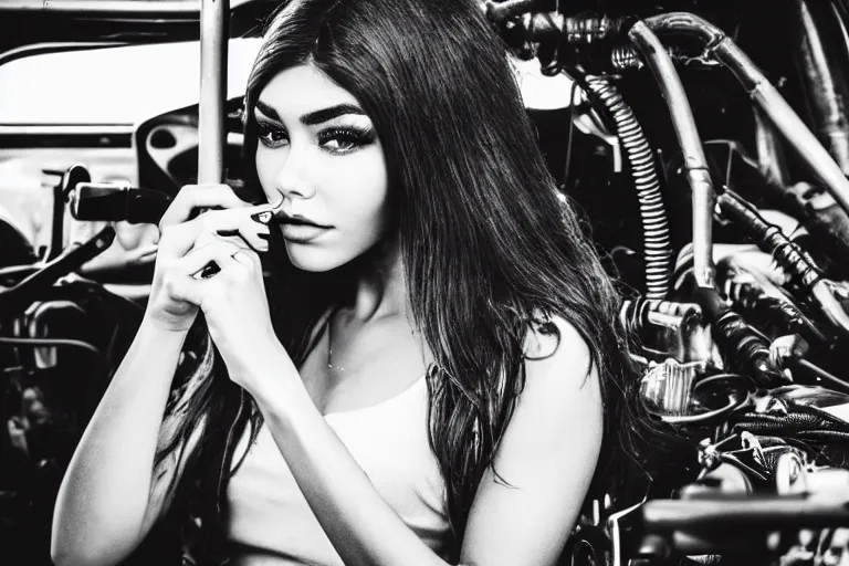 Prompt: a highly detailed, beautiful photo of a madison beer as a 1 9 7 0 s race car mechanic, working on a formula one car, symmetrical face, beautiful eyes, cobalt blue hair, realistic, 8 k, award winning photo, motor sport photography,, back lit lighting,