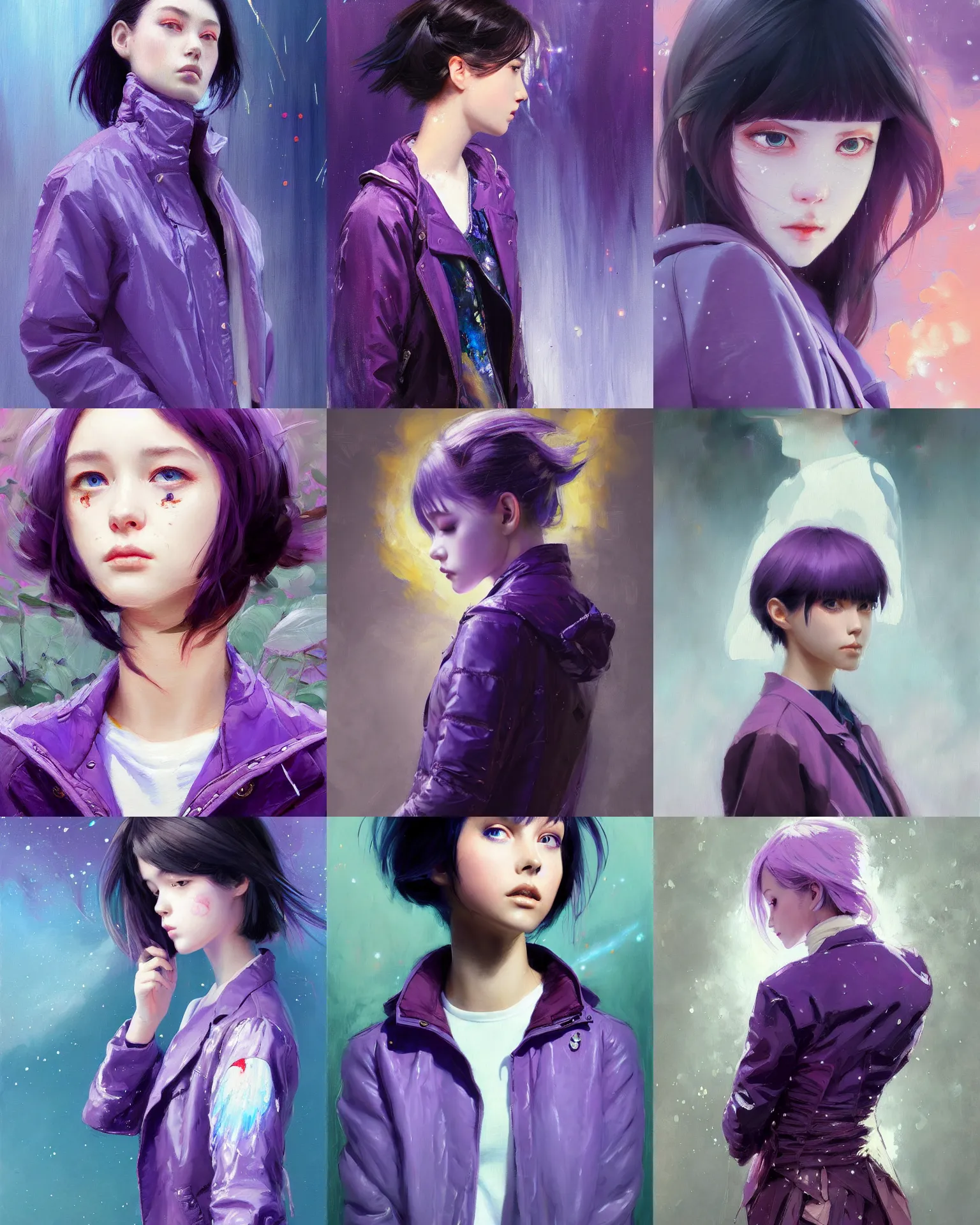 Prompt: a painting of a fully dressed girl wearing a jacket upper body with beautiful purple galaxy eyes, highly detailed, digital painting, artstation, sharp focus, dreamy illustration, art by katsuhiro otomo ghost - in - the - shell, artgerm, jeremy lipkin and giuseppe dangelico pino and michael garmash and rob rey