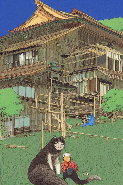 Image similar to beautiful anime illustration japanese rural homes morphing into giant cats, by moebius, masamune shirow and katsuhiro otomo