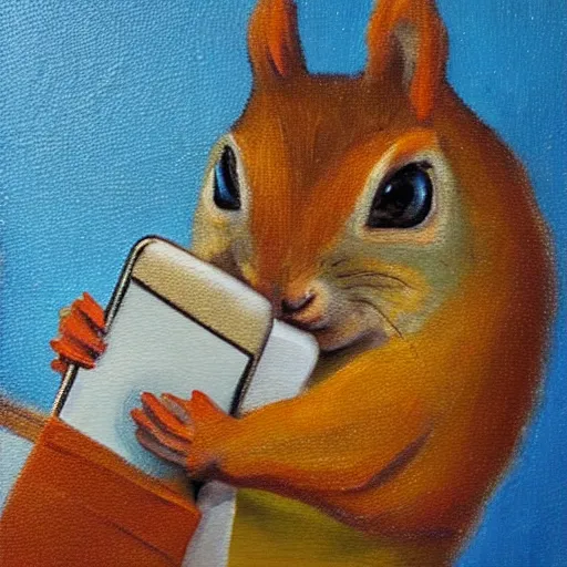 Prompt: A squirrel checking it’s mobile phone, oil on canvas.