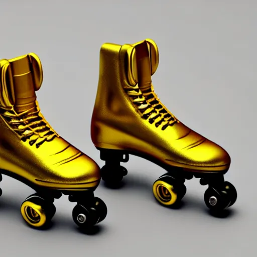 Image similar to a pair of golden roller skates, hyper realistic art concept by hush lino, 4 k ultra fine detail high resolution octane render