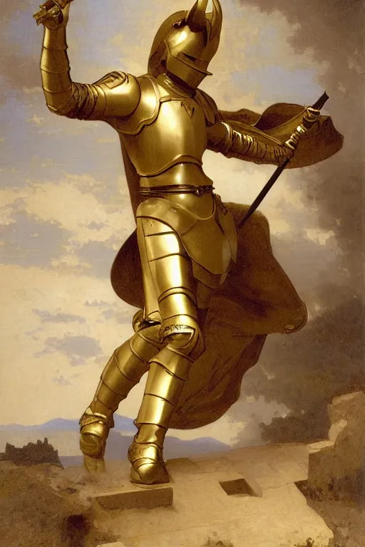 Prompt: a knight in gold armor battling a dragon style of William Adolphe Bouguereau