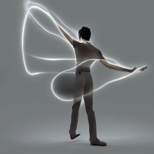 Prompt: A very detailed digital art rendering and concept design of a beautiful young ethereal man beautifully positioned and dancing in volumetric lighting, three dimensions, a digitally transformed environment, user interface design, 3D modeling, illustration, and transportation design