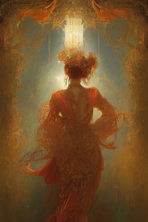 Image similar to tarot card artstation, portrait of a love dancer, sunrise, baroque ornamnet and rococo ornament, ancient chinese ornate, hyperdetailed, beautiful lighting, craig mullins, mucha, klimt, yoshitaka amano, red and gold and orange color palatte