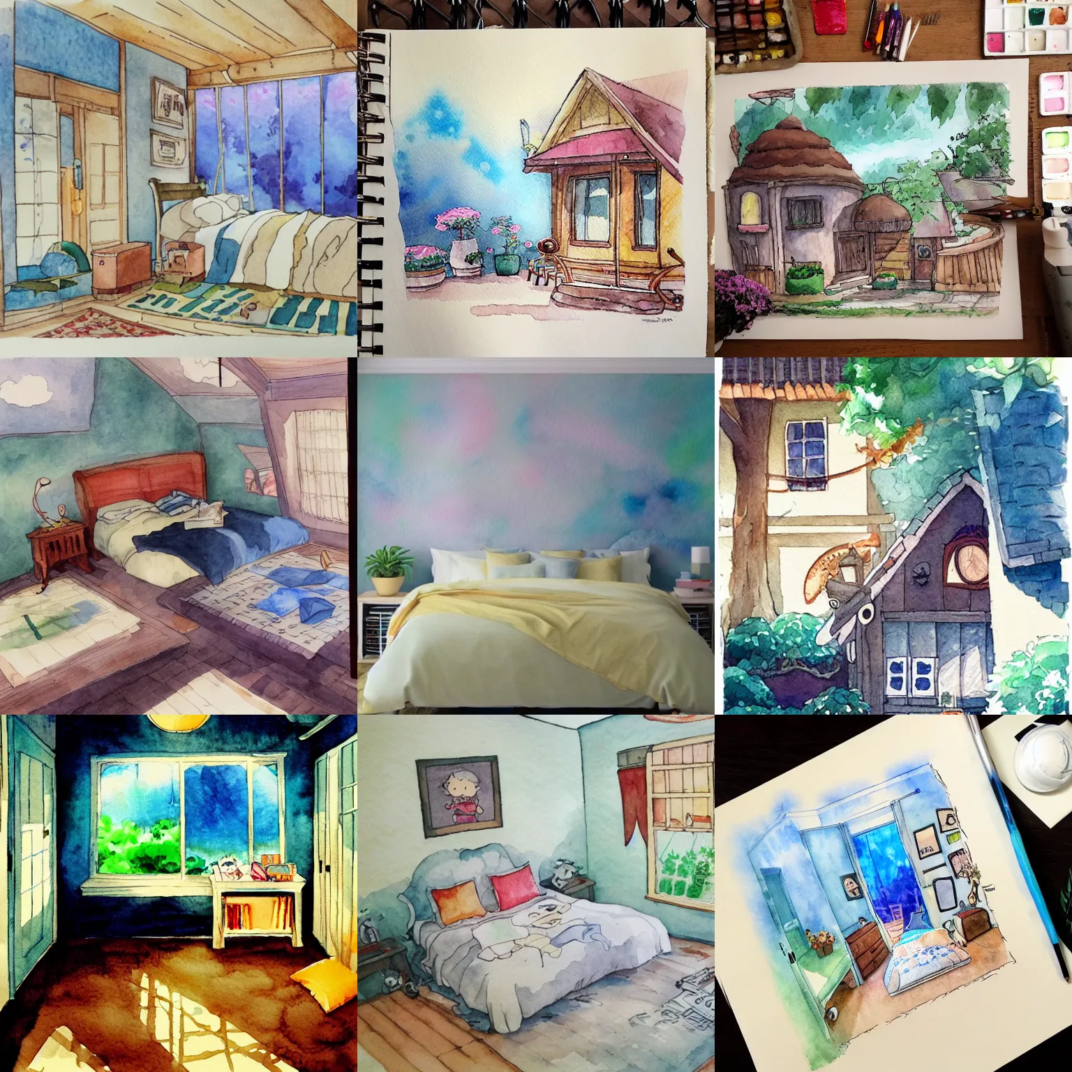 Prompt: studio ghibli bedroom cozy watercolor