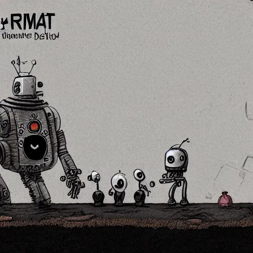 Image similar to Dirty robots in a bleak future, in the style of Machinarium from Amanita Design