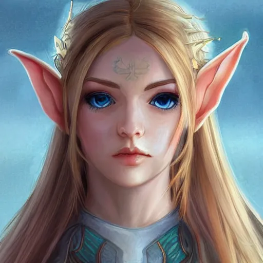 Prompt: portrait, 30 years old women :: fantasy elf, small ears :: bright blue eyes, long straight blonde hair, flower in hair :: attractive, symmetric face :: brown medieval cloting, natural materials :: high detail, digital art, RPG, concept art, illustration