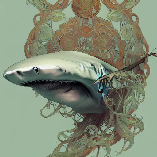 Prompt: shark - ron cheng & alphonse mucha, highly detailed, digital painting, ray tracing, concept art, illustration, smooth sharp focus, intricate, symmetry, artstation,