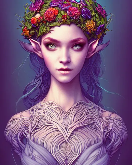 Image similar to digital art, centered head of elven bride with short hair, vivid flower crown ,body made with intricate roots, by James Jean and by artgerm, by ross tran , ultradetailed, charachter design, concept art, trending on artstation,