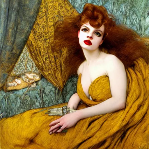 Prompt: hybrid of judy garland and lady gaga, brown fringe, large big downslanted eyes, large full lips, reclining on flowing bed cool stylish, yellow ochre ornate medieval dress, john william waterhouse, kilian eng, rosetti, john everett millais, william holman hunt, william morris, 4 k