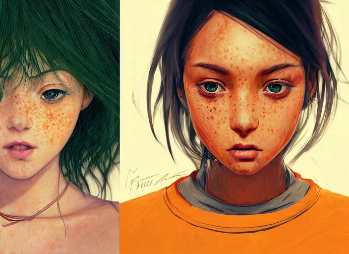 Image similar to portrait Anime Girl with orange hair and freckles, green eyes fine face pretty face, realistic shaded Perfect face, fine details. Anime. fine face, dark skin, realistic shaded, fine details. Anime, cyberpunk. realistic shaded lighting by Ilya Kuvshinov and Gustav Klimt