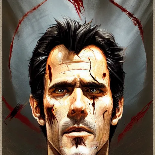 Prompt: portrait of the man from Evil Dead movie Ash Williams, \'Groovy\' fantasy, intricate, elegant, highly detailed, digital painting, artstation, concept art, smooth, sharp focus, illustration, art by artgerm and greg rutkowski and alphonse mucha