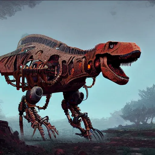 Prompt: a character art rendering of a robot T-rex made of mechanical parts, cartoonish psychedelic paleoart rendering, realistic dinosaur cyborg in the style of greg rutkowski, made with zbrush