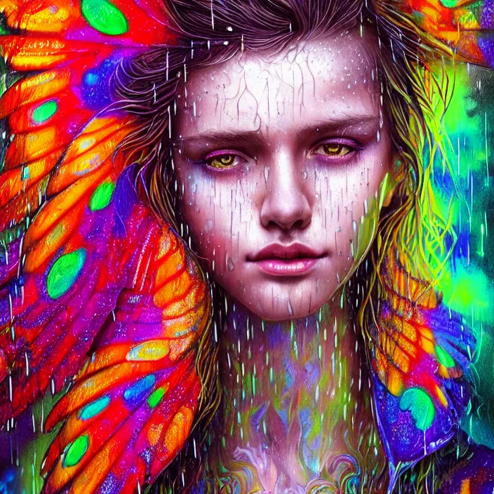 Image similar to bright psychedelic portrait with rain on face and wet hair, wings, smiling, diffuse lighting, fantasy, intricate, elegant, highly detailed, lifelike, photorealistic, digital painting, artstation, illustration, concept art, smooth, sharp focus, art by John Collier and Albert Aublet and Krenz Cushart and Artem Demura and Alphonse Mucha