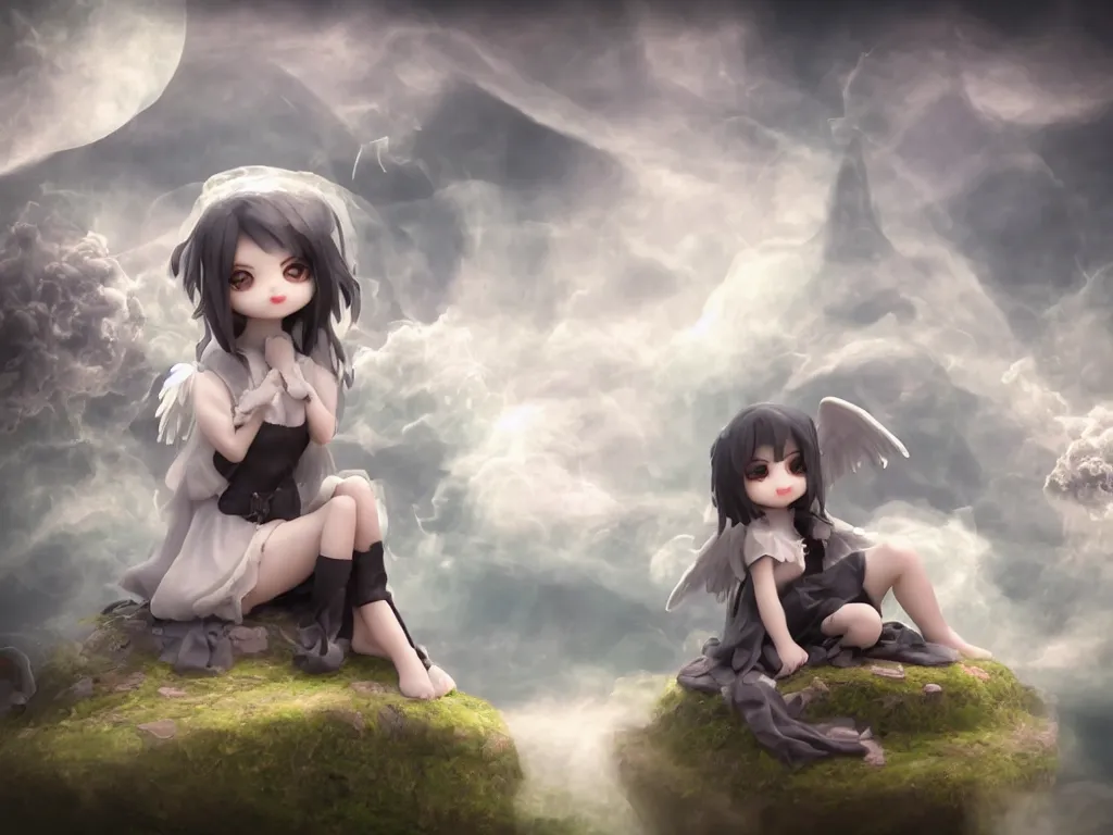 Image similar to cute fumo plush gothic angel maiden girl sitting on a floating island, isometric projection, wisps of smoke and volumetric fog, vignette, orthographic, vray