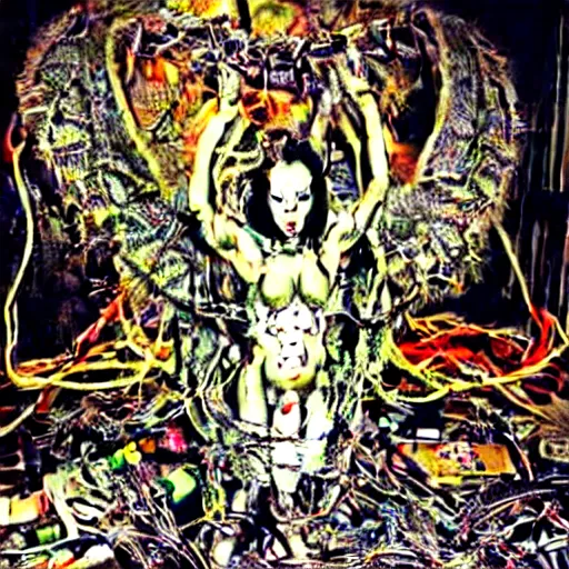 Image similar to cybercore dragon angel pimp demonoid disappearing into a portal covered in wires damnation emerging in the middle of my digusting dirty room, holy ceremony, low quality photo, flikr , creepy, hypermaximalist, trail cam found footage, realistic, , intricate fine detail