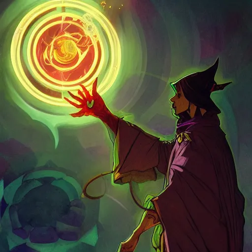 Image similar to a warlock is casting a magic spell while with magic orb floating in his hand , dynamic pose, chromatic aberration , medium level shot, Mucha style , Grim fantasy, illustration ,concept art, Mucha style,